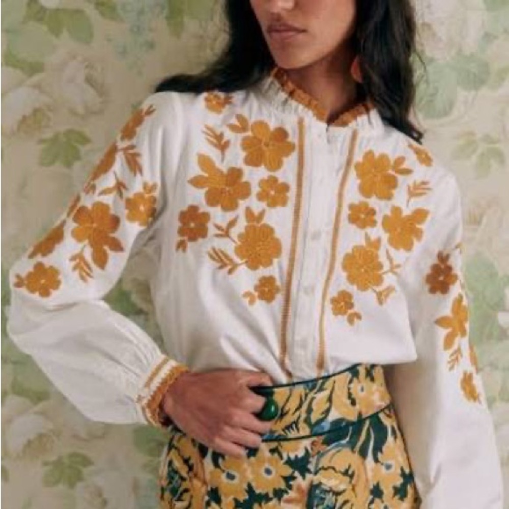 Sezane Sidonia Shirt Ecru/Ochre Embroidery - Size 2